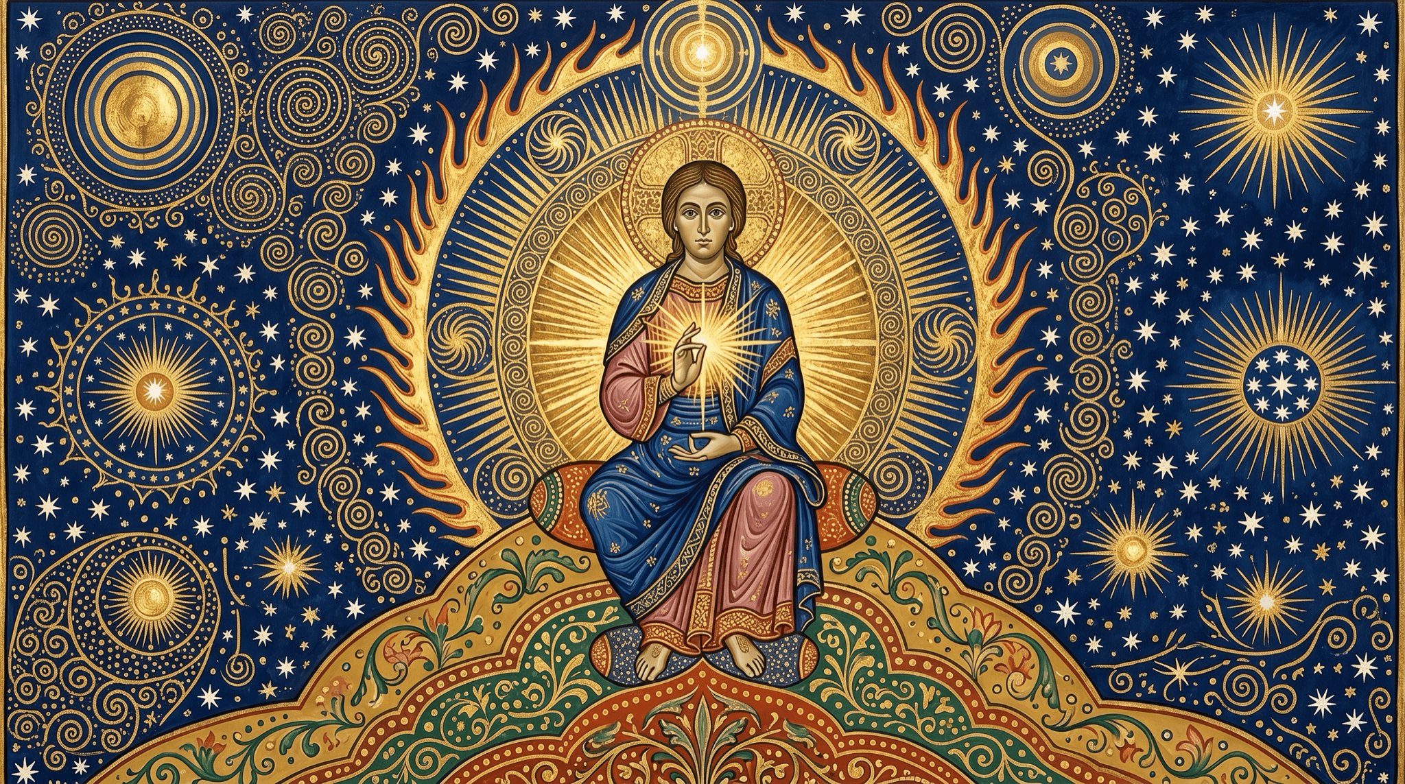 Verlucht tafereel van een mediterende figuur met stralend hart onder een sterrenhemel