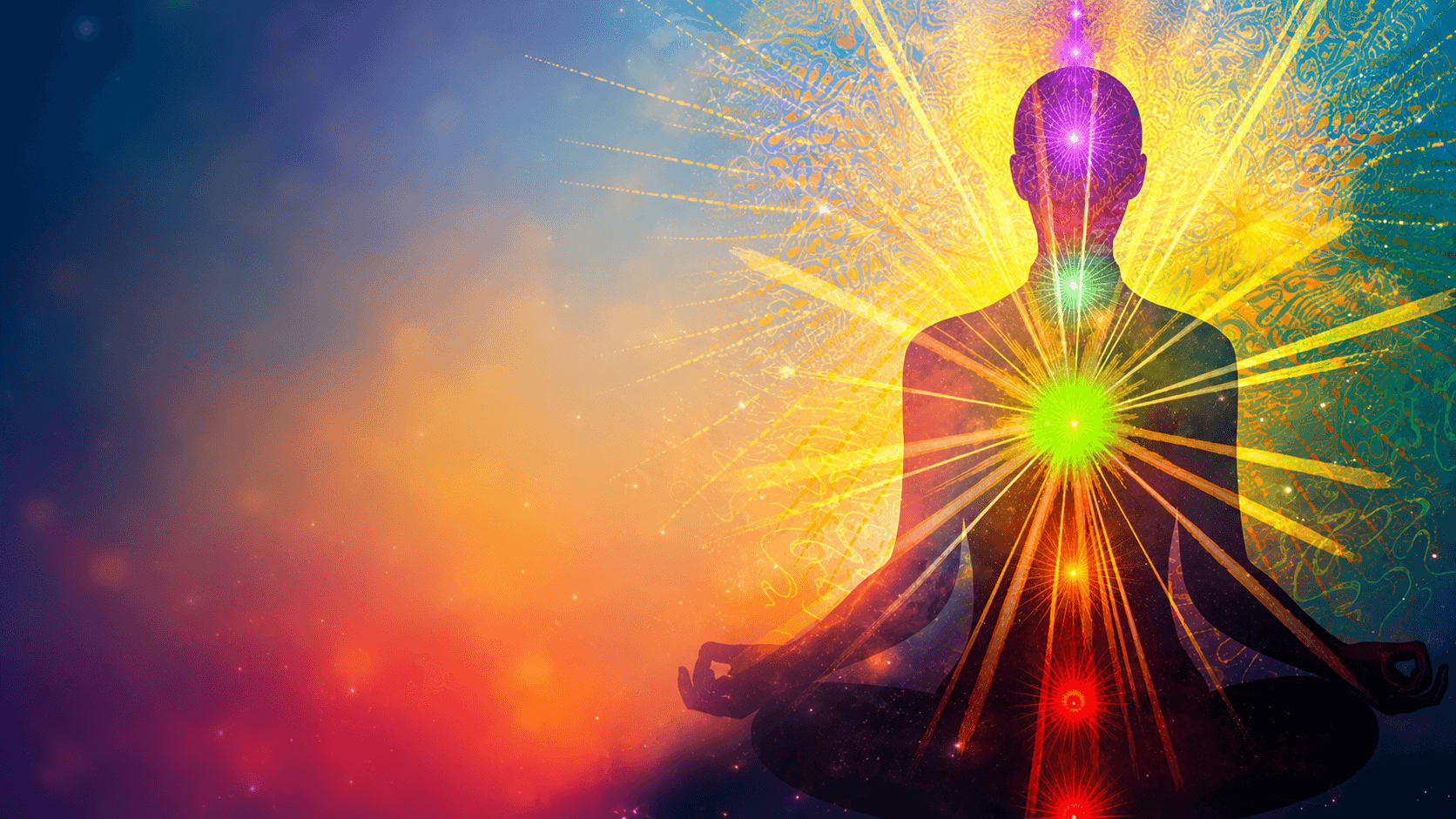 Mediterend silhouet met oplichtende chakra’s en stralende aura tegen een kleurrijke achtergrond