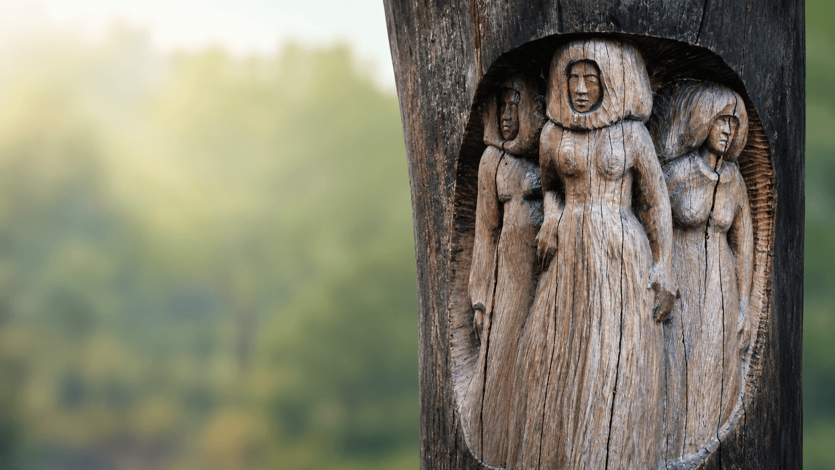 Houten reliëf van drie vrouwenfiguren, uitgesneden in een boomstam in de natuur